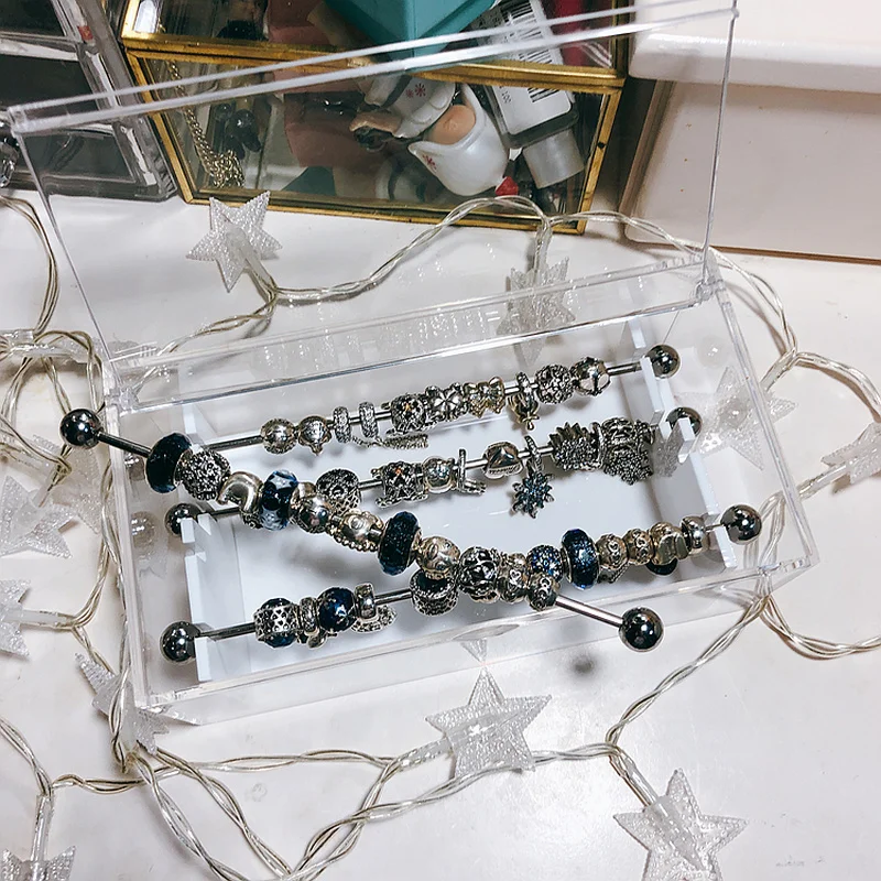 Stainless Steel Charms Organizer Holder Storage Box Rondelles Beads 4 Metal Rods Bracelet Accessories Trollbeads Display Case