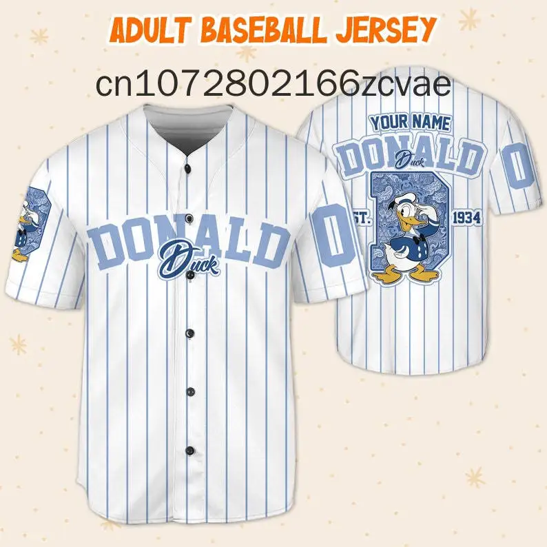 Disney Donald Duck Blue and Black Jersey Custom Baseball Jersey Cartoon Print Jersey Men\'s and Women\'s Children\'s Shirt