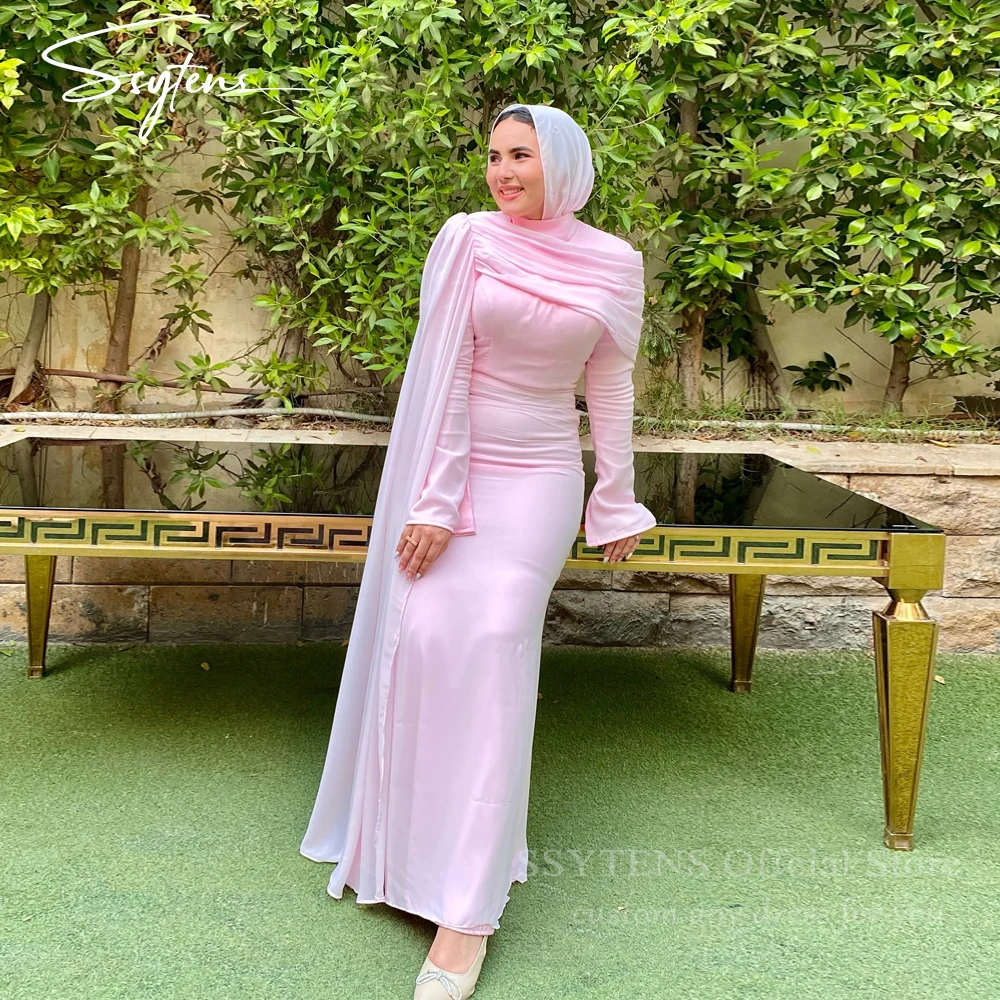 SSYTENS Modest Pink Formal Evening Dresses Muslim Arabic Women Long Sleeves Prom Gowns One Shoulder Special Occasion Party Dress