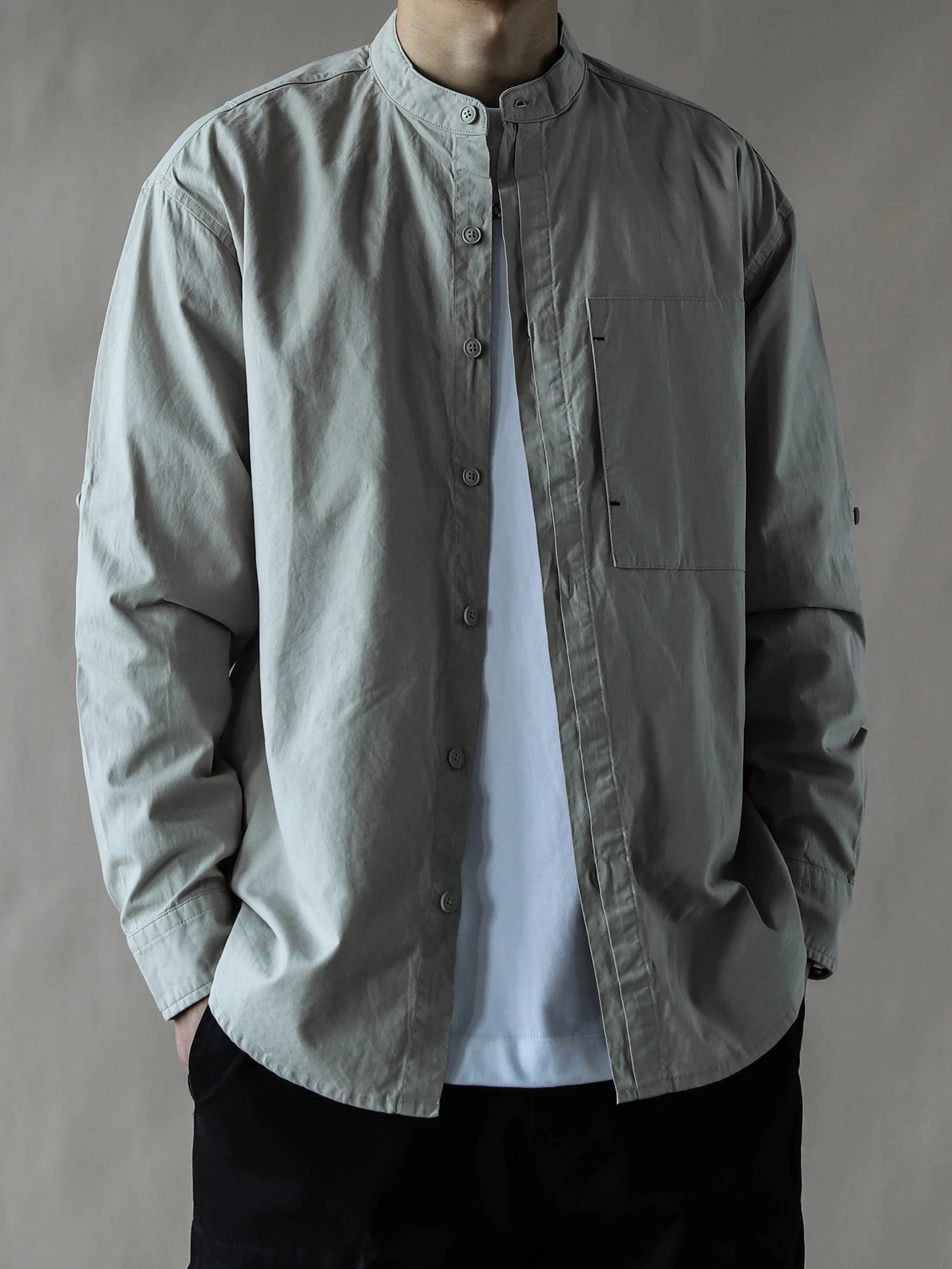 

American Retro Stand Collar irt Men's Spring Autumn Loose Casual Long Sve Open Cardigan Jaet 2026 Linen Light Khaki