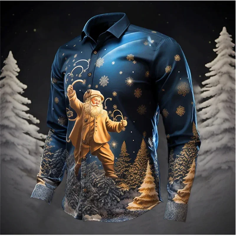 Santa Claus Christmas tree casual men's shirt, suitable for autumn and winter, long sleeves, mandarin collar, stretch fabric, av