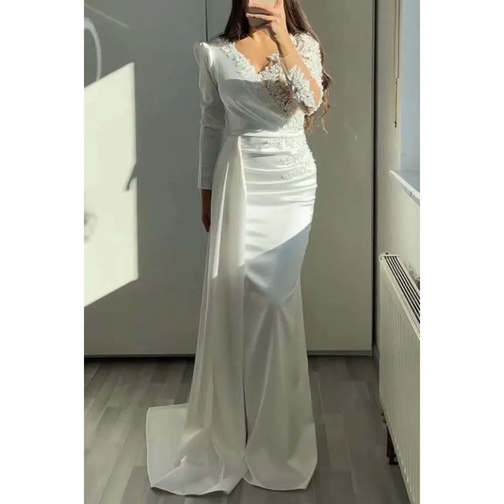 

Pretty White Women Prom Dresses V-Neck Full Sleeves Floor Length Slim Fit Fancy Lace Elegant Chic Formal Evening Party Gowns