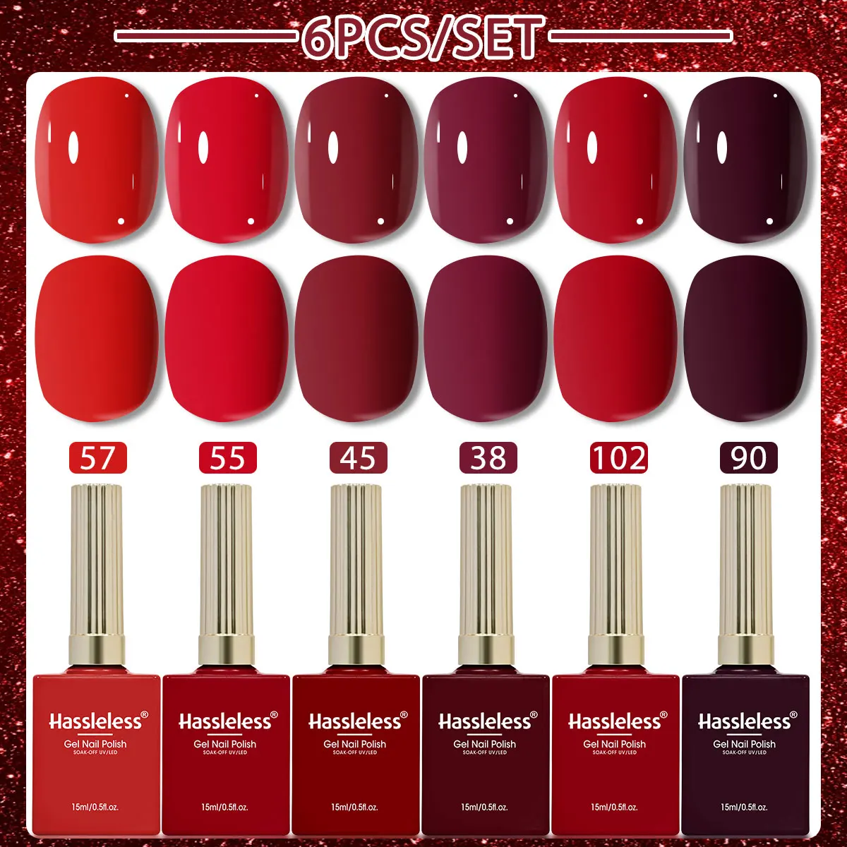 Hassleless 6Pcs Red Series Nail Polish Gel Set 15ml Uv Nail Polish Gel Cherry Wine Red True Red Nail Gel Retro Whitening Nail Polish Gel