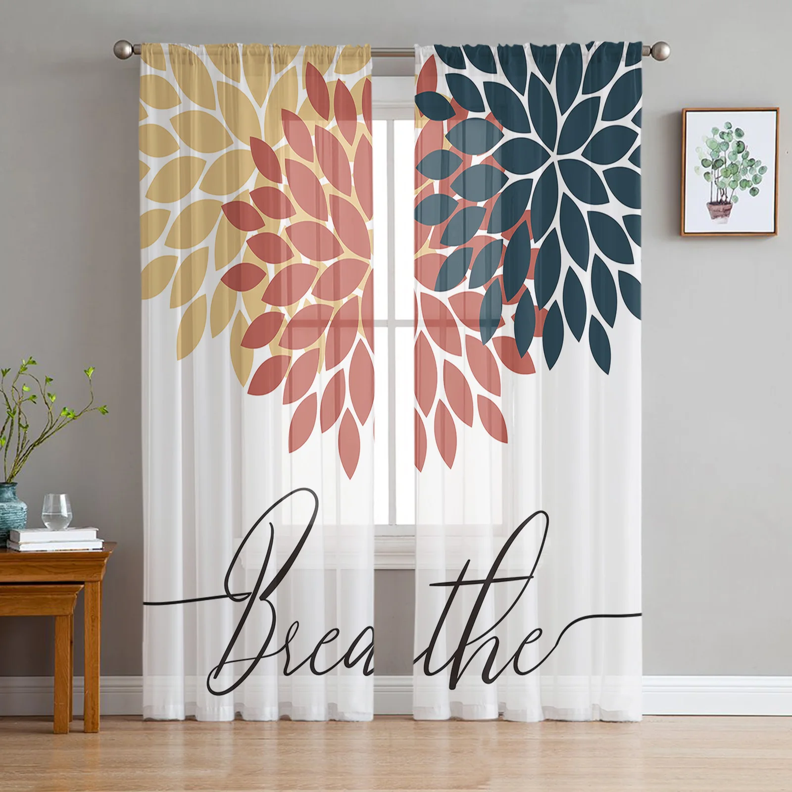 Dahlia Red Yellow Sheer Curtain for Living Room Hall Wall Dress Up Home Window Supplies Pop Print Tulle Curtains