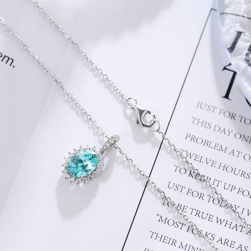 RUIF Hot Sale 2.54ct Lab Grown Paraiba Sapphire Necklace S925 Silver Engagement Women