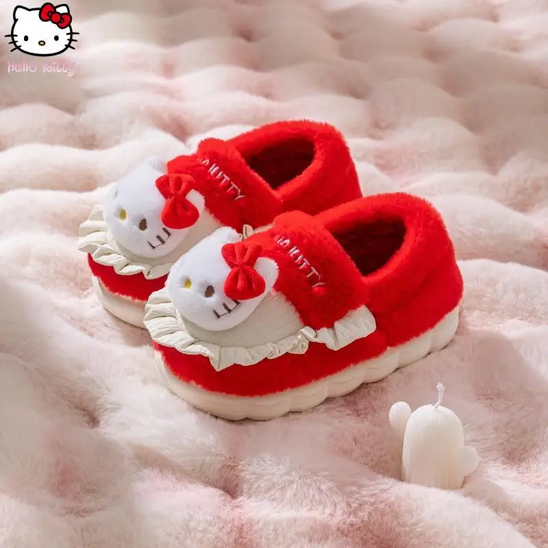 

Теплые тапочки для девочек с рисунком «Hello Kitty», Sanrio Kawaii Kuromi Cinnamoroll, зимние утепленные домашние тапочки в стиле аниме, милая повседневная обувь
