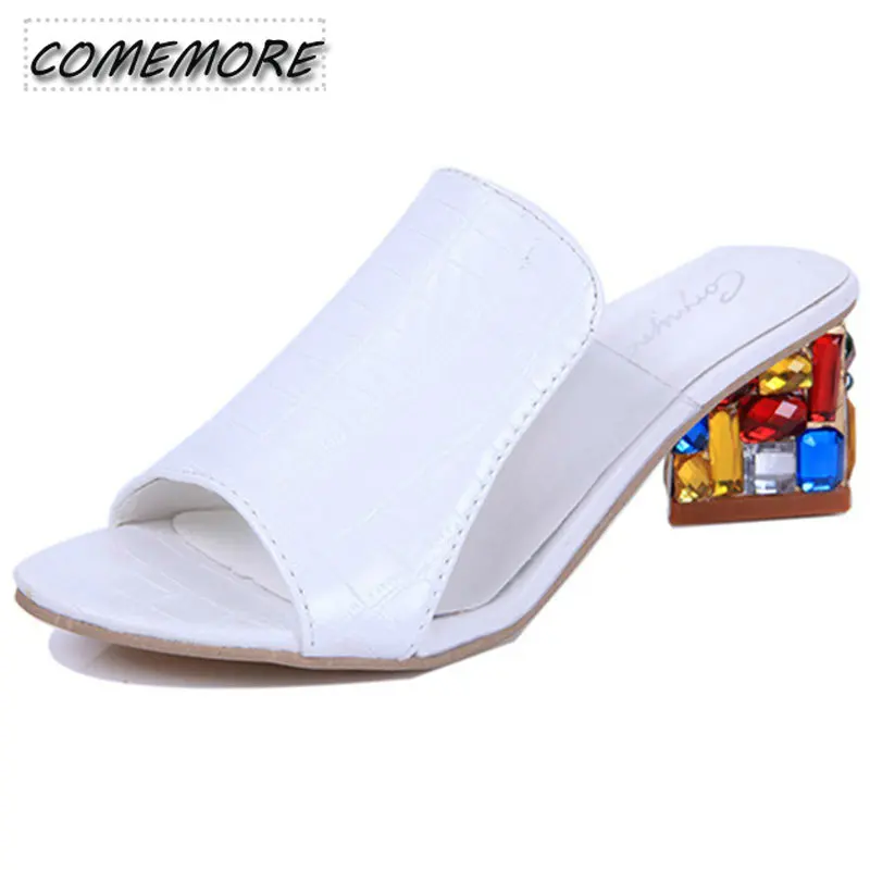 Crystal Sandals Ladies Open Toe Square Heels Fashion Spring Elegant Women\'s Summer Footwear 2023 New Sandalia Feminina Slippers