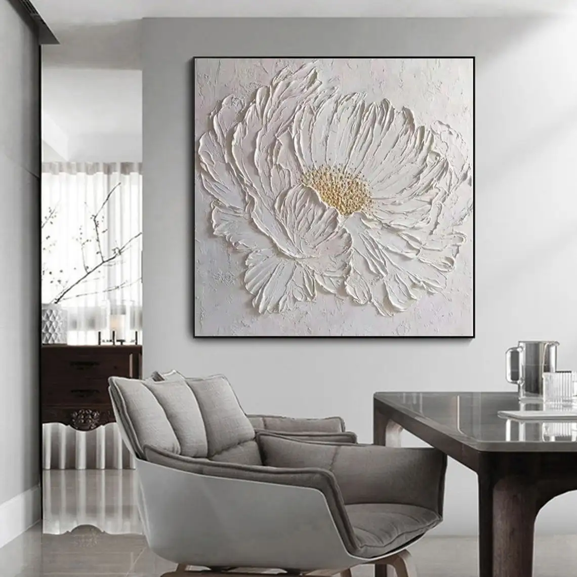 3D grote witte bloem olieverfschilderij op canvas handgemaakte acryl zware textuur grote schilderijen abstract landschap bloemen kunst aan de muur