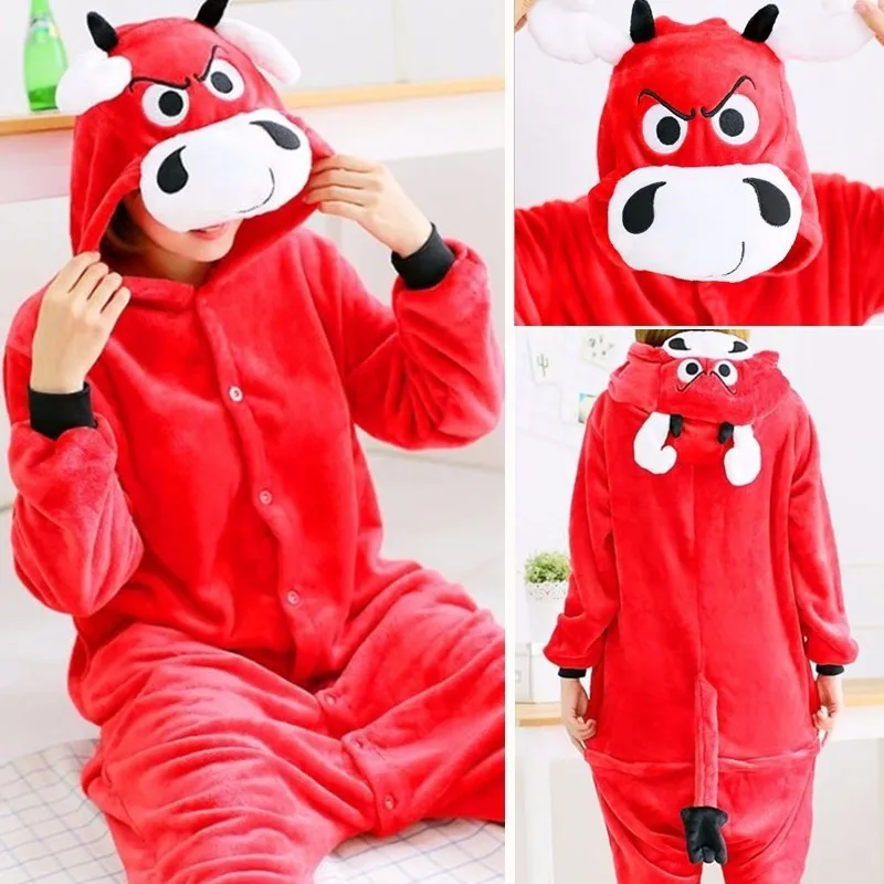 Czerwona krowa Onesies bielizna nocna kombinezon Homewear body Kingurumi bielizna body flanelowe Anime Cartoon koszula nocna z długim rękawem