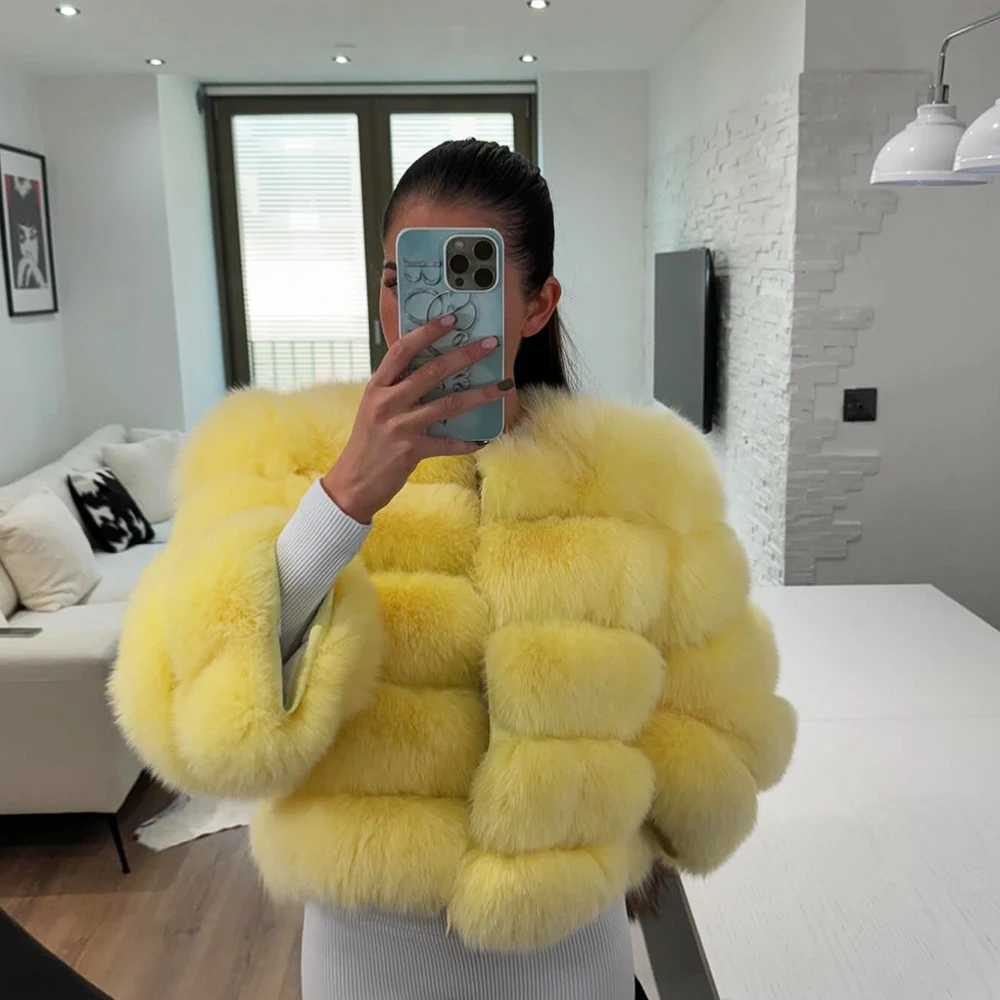 Fashion Women Real Fox Fur Vest Coat Winter Solid Natural Fur Removable Sleeve Cropped Jacket Genuine Fur Warm Thick Overcoat