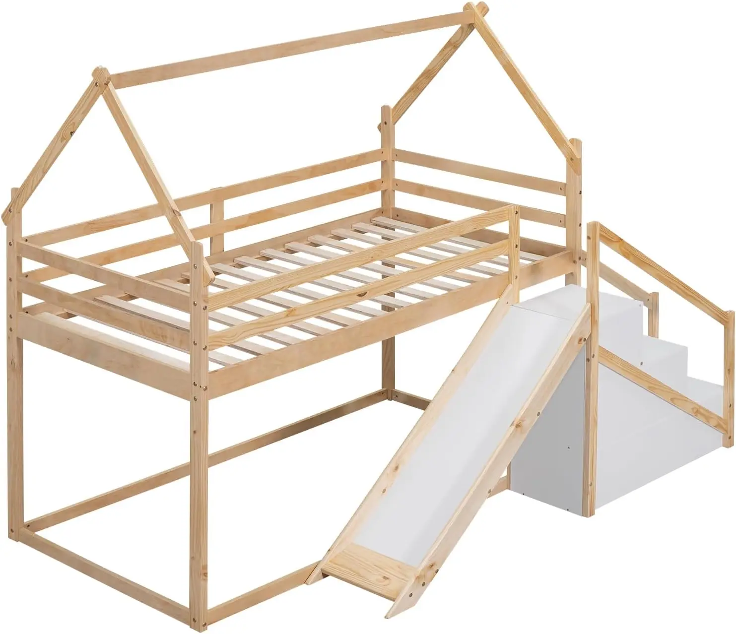 Twin Over Twin Wood House Bunk Bed With Slide And Storage Staircase, Twin Size House Loft Bed Frame With Roof And Safety