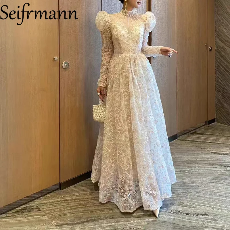 Seifrmann cor bloqueando high-end banquete vestido de noite 2025 outono feminino manga comprida sem alças ouro bordado lantejoulas grande
