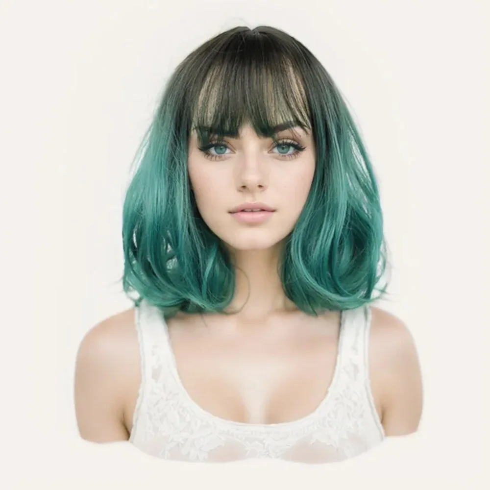 Jeedou Short Wavy Bob Wig Black to Dark Green Ombre Wigs with Bangs Synthetic Stylish Unique for Cosplay & Daily Use