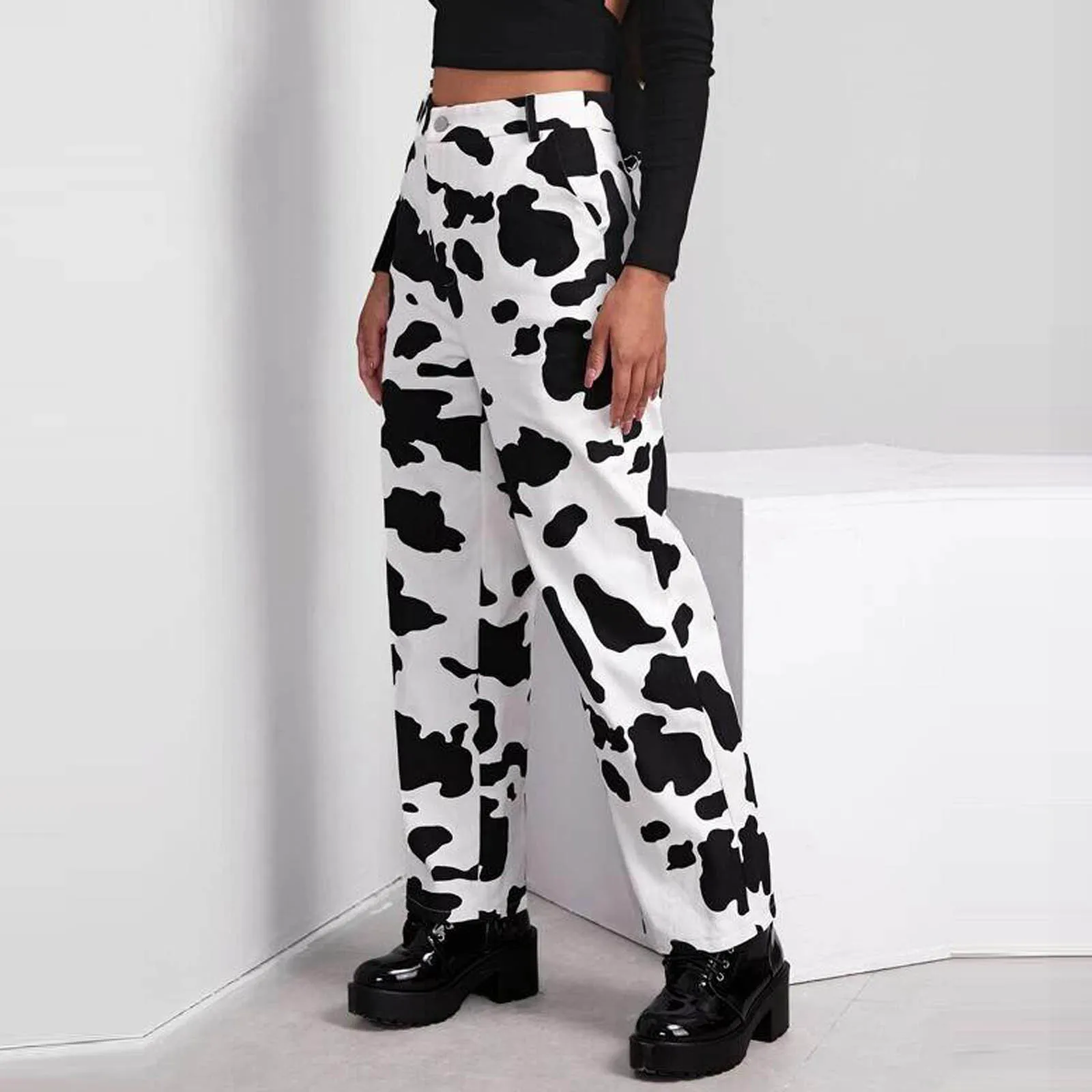 

Women Cow Print Pants Casual High Waist White Wide Leg Pants Button Streetwear Female Wide Leg Trousers
