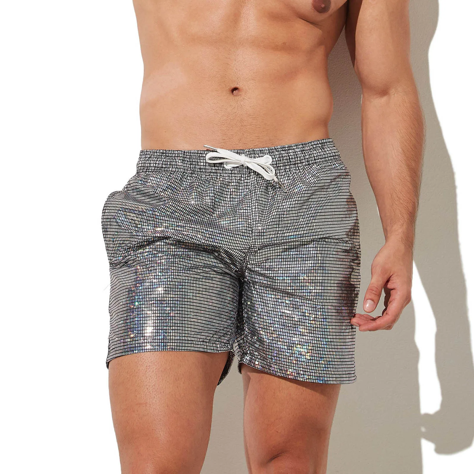 CLEVER-MENMODE Men's Metal Print Beach Shorts Shiny Drawstring Stretch Swimsuit Sports Casual Comfortable Homewear Short Pants