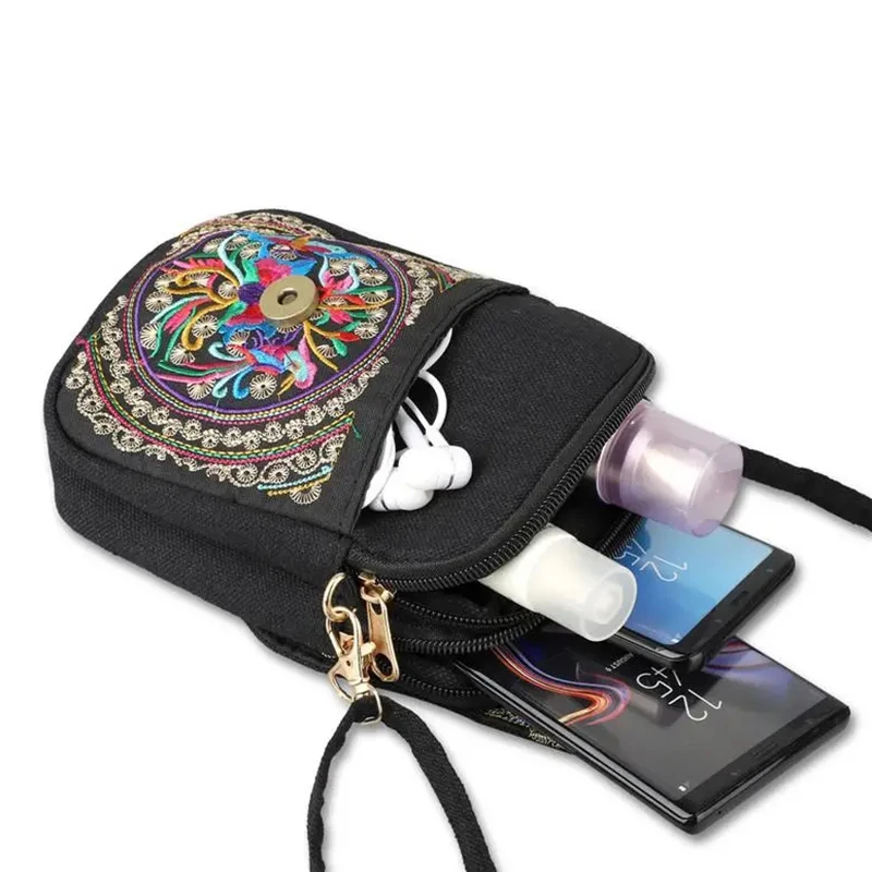 Popular Yunnan Ethnic Style Mobile Phone Bag Double Layer Flap Canvas Bag Embroidered Bag Embroidered Mini Bag Zero Wallet