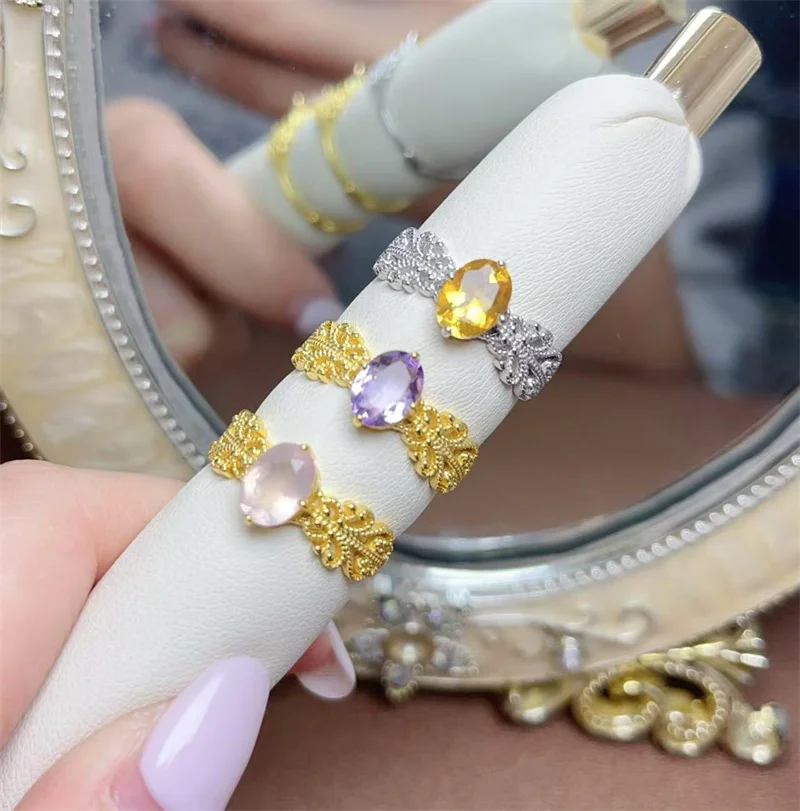 

Обручальное кольцо из стерлингового серебра 925 пробы с натуральным драгоценным камнем, цитрином, аметистом, розовым розовым кварцем