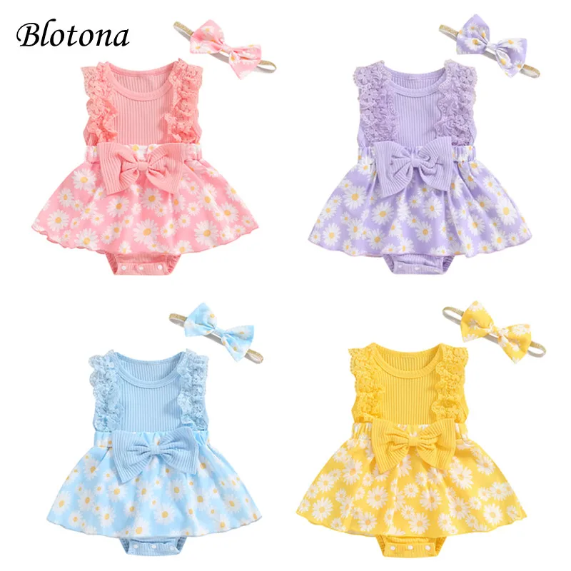 

Blotona Baby Girl 2Pcs Summer Outfits Sleeveless Lace Trim Floral Print Romper Dress with Headband Set Cute Fashion Clothes