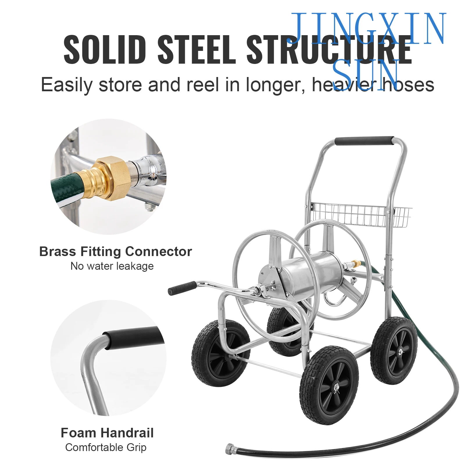 Hose Reel Cart Hold Up to 300 ft of 5/8’’ Hose Garden Water Hose Carts Mobile Tools with 4 Wheels Powder-coated Steel