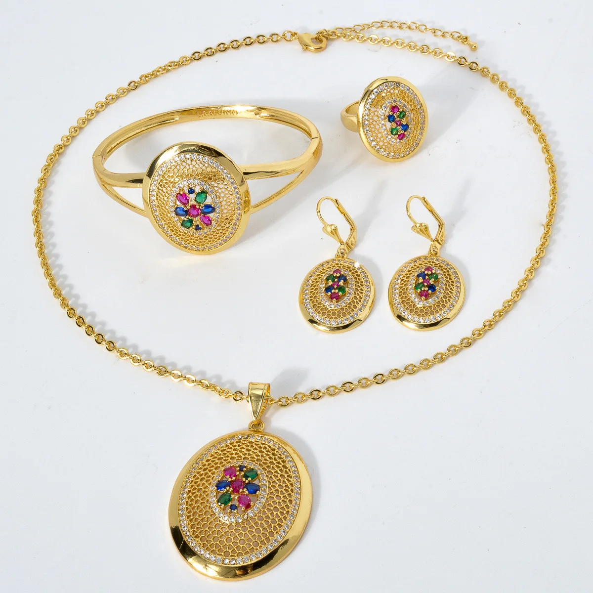 Sunnice Round Colorful Pendant Necklace Set Fashionable Cubic Zirconia Long Chain Women's Costume Jewelry Gift Wedding