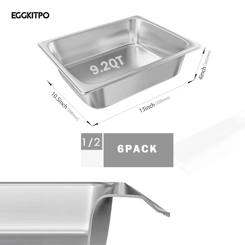 1/2 Hotel Pans Half Size 6-Pack 4 Inch Deep Steam Table Pan Steam Table Tray for Food Stainless Steel Pan Food Container