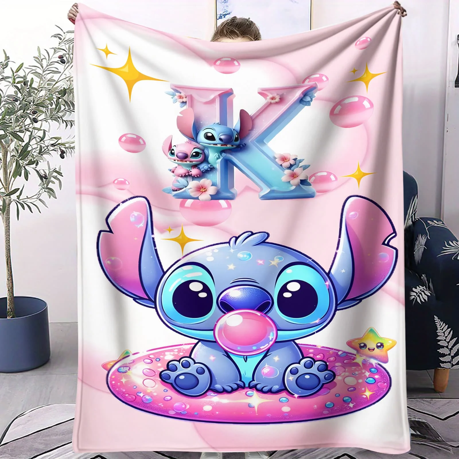 بطانية قطيفة مخصصة للغرز - تصميم لطيف على شكل علكة فقاعية رمي مريح لسرير غرفة الأطفال والسفر مثالية لعشاق الرسوم المتحركة للعائلات #4