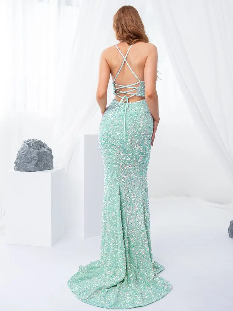 Lace UP V Neck Sleeveless Sequined Mermaid Maxi Dress Evening Party Backless  Hollow Out Split Front