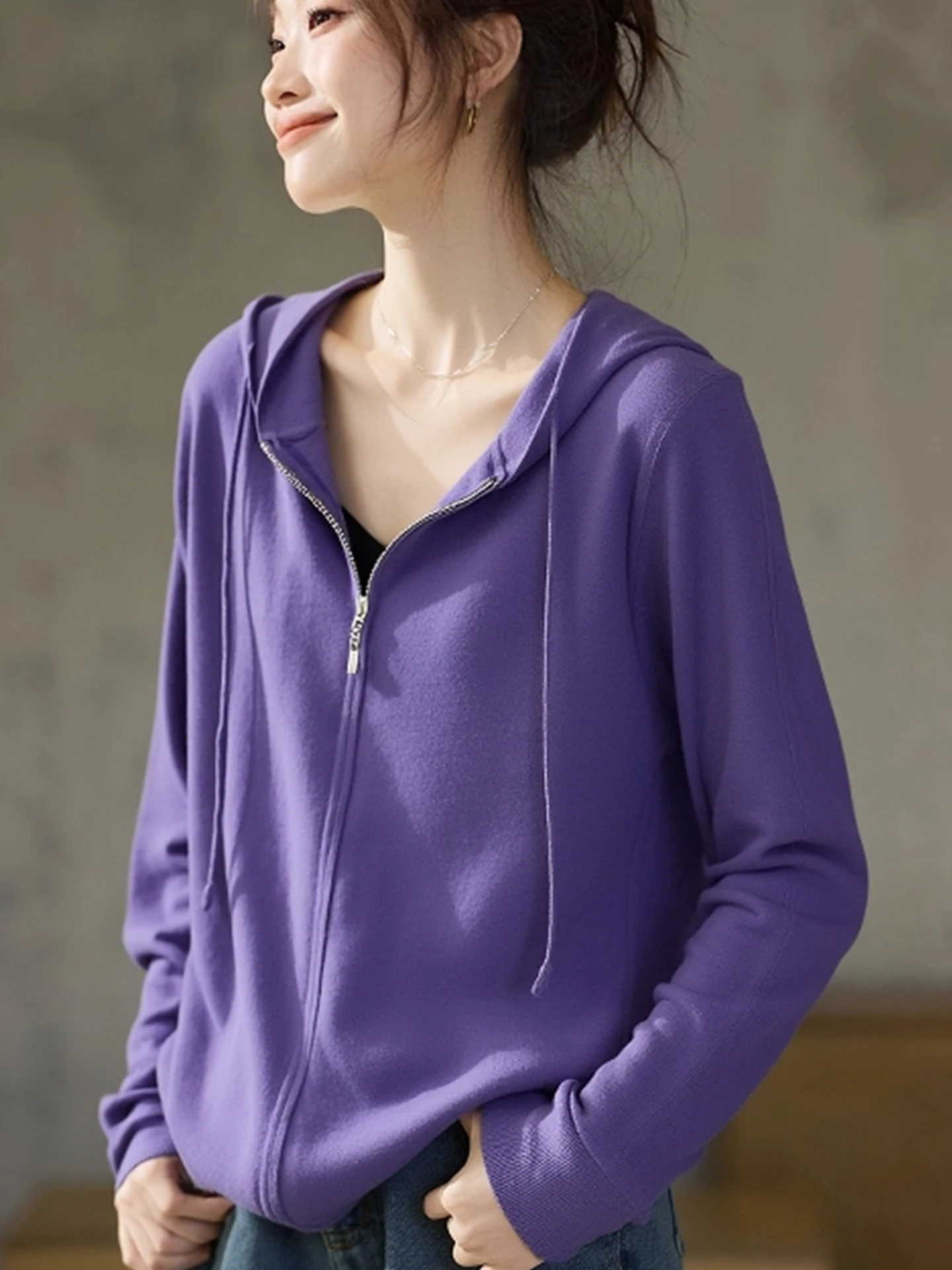 تخفيف متعدد الاستخدامات لون نقي طويل Sve Camere تريكو مقنعين سستة تصميم شتاء جديد Sle تصميم صغير كرو الشعور