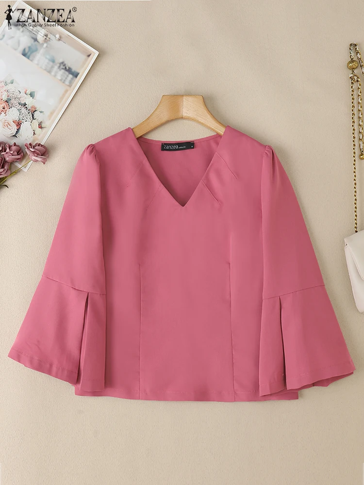 

ZANZEA Summer 3/4 Flare Sleeve Office Blouses Women V Neck Solid Tunic Tops Elegant Work OL Shirt Fashion Party Blusas Oversize