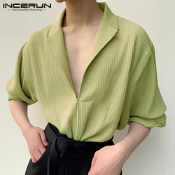 2024 Men Shirt Solid Color Lapel Long Sleeve Zipper Pleated Loose Men Clothing Streetwear Korean Fashion Casual Shirts INCERUN