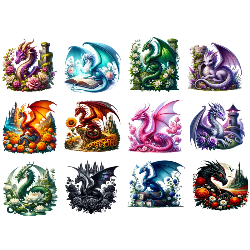 Cool flower Dragons Iron On Transfer Hot Tear Decals New Diy Washable Heat Transfer Garment Accessory Thermal Stickers Cartoon