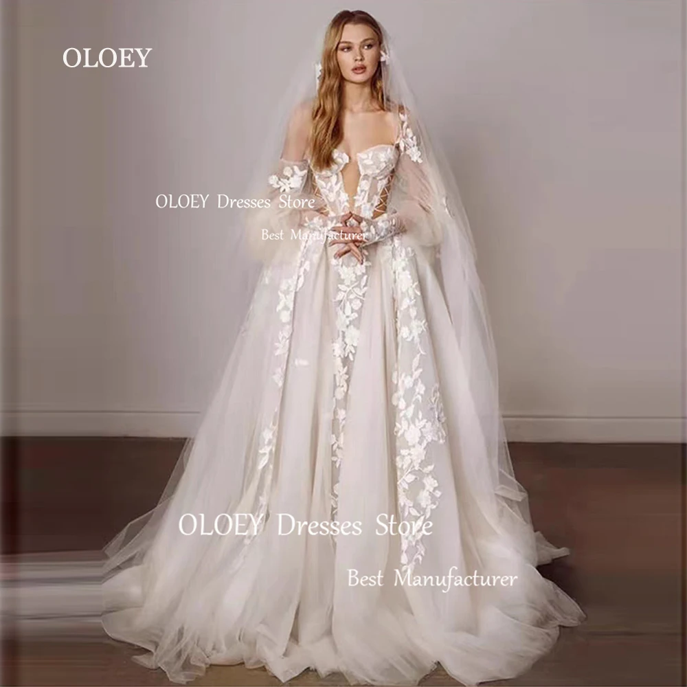 OLOEY Sexy Deep V-Neck Ivory Wedding Dresses Photography Appliques Silky Tulle Bridal Gowns With Gloves Floor Length Custom Made