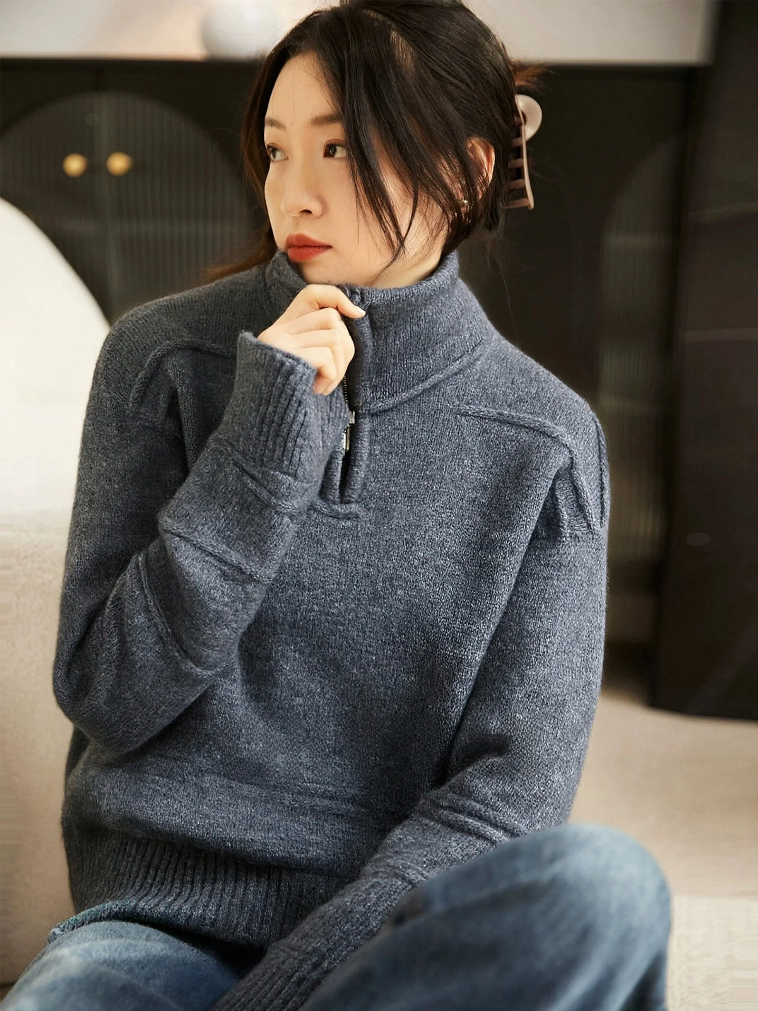 

Женский свитер Chivirin с высоким воротником на молнии, мягкий и уютный трикотаж, весенне-осенний, облегающий, в тибетском стиле, из кашемира