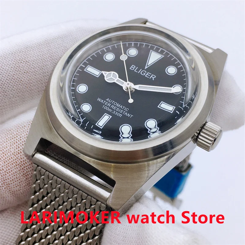 BLIGER 38mm frosted steel case Vintage Dome Glass luminous black dial 24 Gem NH35A PT5000 Automatic Watch for Men mesh strap