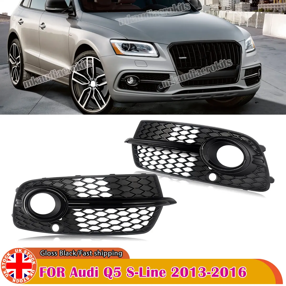 Fog Light Grille Fit For Audi Q5 Sport Front Bumper S-Line 2013-2017 Front Fog Lamp Cover Case Frame Black Pair Car Accessories