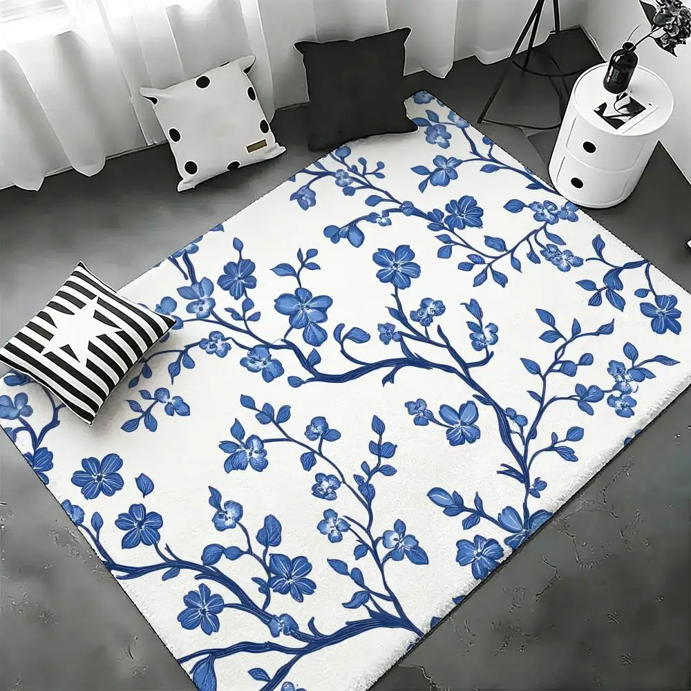 Blue and white porcelain Floor Mat Bedroom Living Room Flannel Door Mat Non-Slip Home Decor