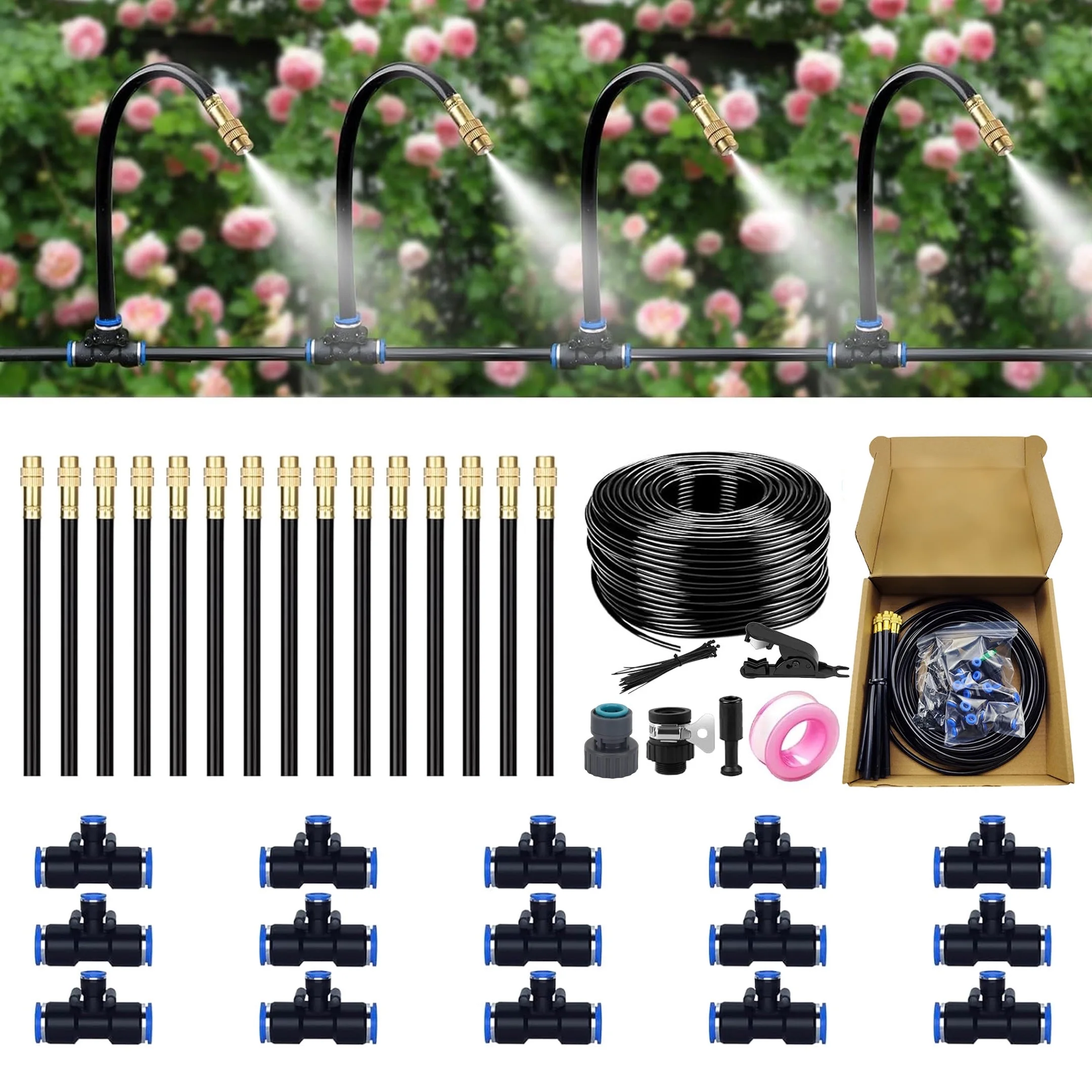 DIY 12mm Garden Irrigation Kit, Fine Mist Sprayer System with 360° Swivel Joint, Bendable Hose Quick Connector
