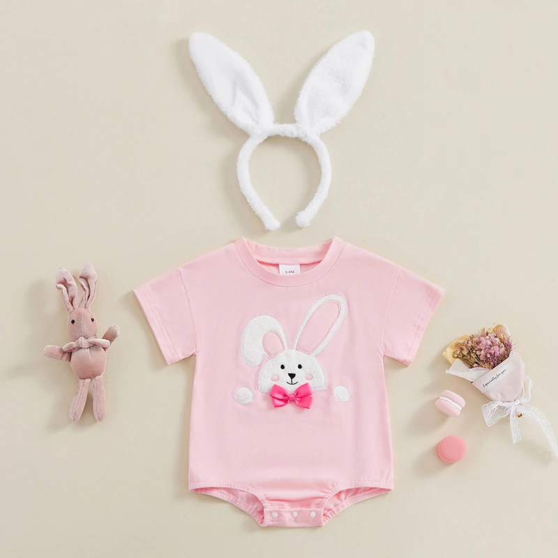 

Baby Boy Girl Easter Clothes Egg Hunt Crew T-Shirt Romper Bunny Oversized Short Sleeve Bubble Bodysuits