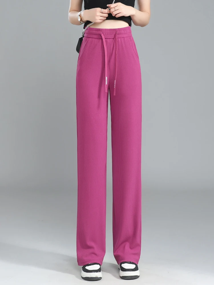 

Ice Silk Wide Leg Pants Women's Summer Thin High Waist Casual Pants Drapey Slim Straight Cut Trousers Korean Style Commute