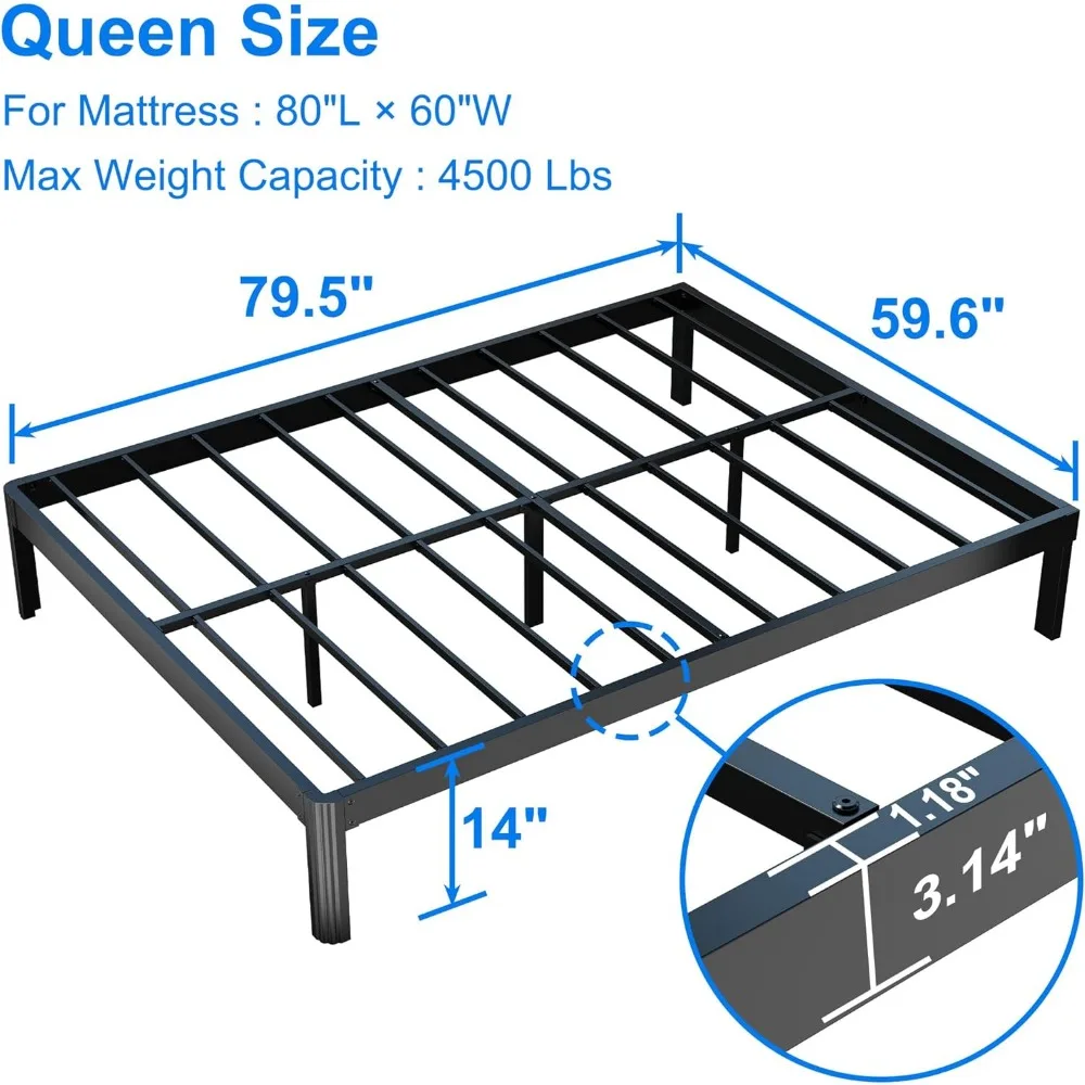 Queen Size Bed Frame, Max 4500lbs Heavy Duty Sturdy Metal Steel Platform No Box Spring Needed Bed Frame Queen Size