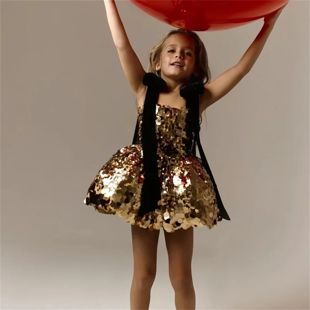Customization Wedding Sparkling sequin children's dress, girls' wedding party dress, velvet flower girl dress, delicate special