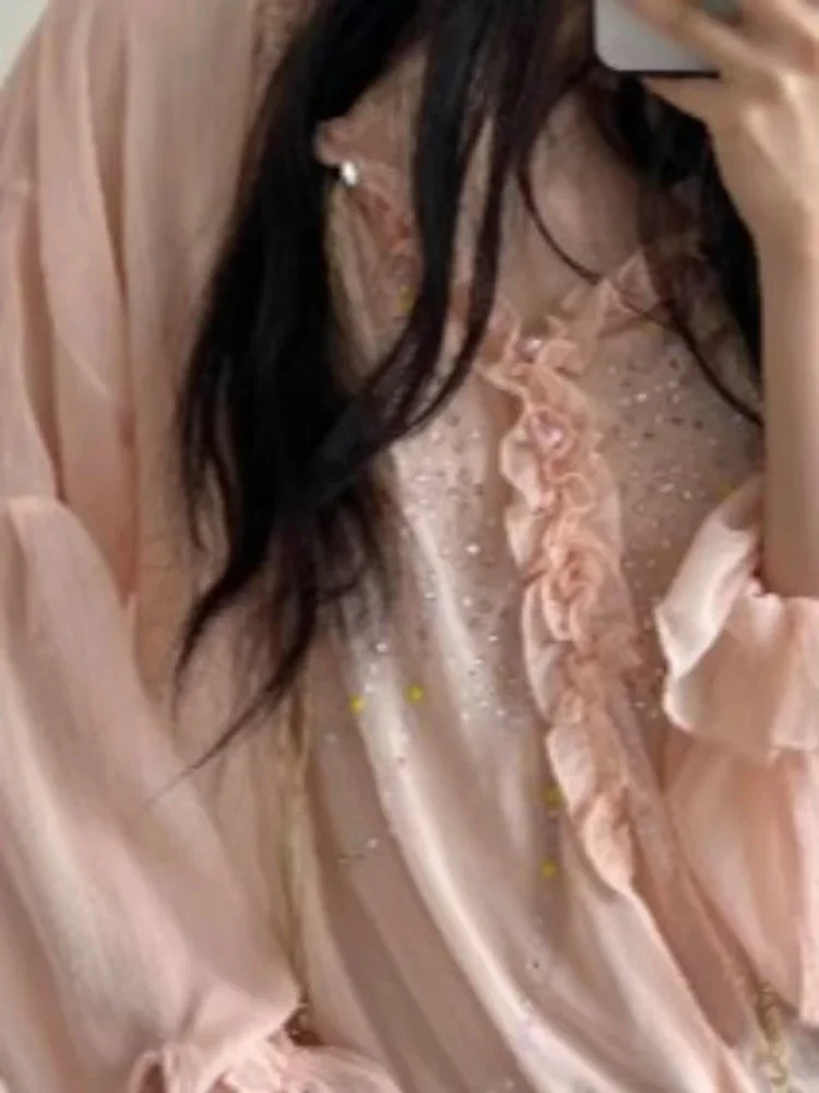 Sommer Sonnenschutz Strass Blusen Frauen V-ausschnitt Rüschen Lose Shirts Flare Hülse Vintage Süße Bluse Camisas De Mujer