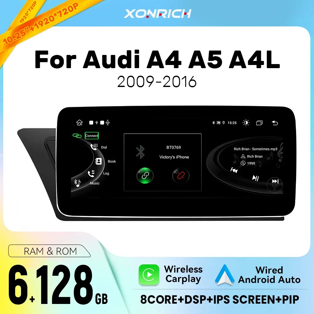 Car Radio Player For Audi A4 B8 A5 2009-2017 Android 14 128GB GPS Navi Multimedia Stereo Wireless Carplay 4G WIFI 10.25 