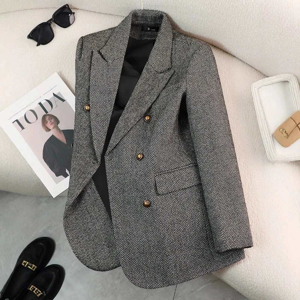 

High Quality Stripe Woolen Blazer Women Spring Autumn Jacket Double Breasted Long Sleeve Business Formal Jacket Female Outerwear