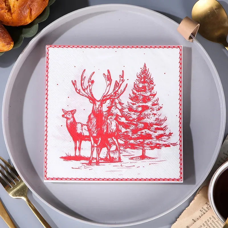 10/20pcs 33cm 2-Ply Red Christmas Tree Christmas Snowman Sketch Handkerchiefs Party Decoration Colorful Printed Paper Placemats