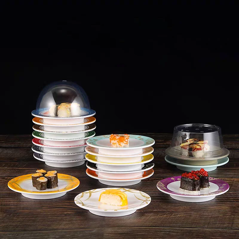 10pcs Melamine Sushi Dish Buffet Rotary Conveyor Belt Train Japanese Food Round Serving Plate Restaurant Accessories