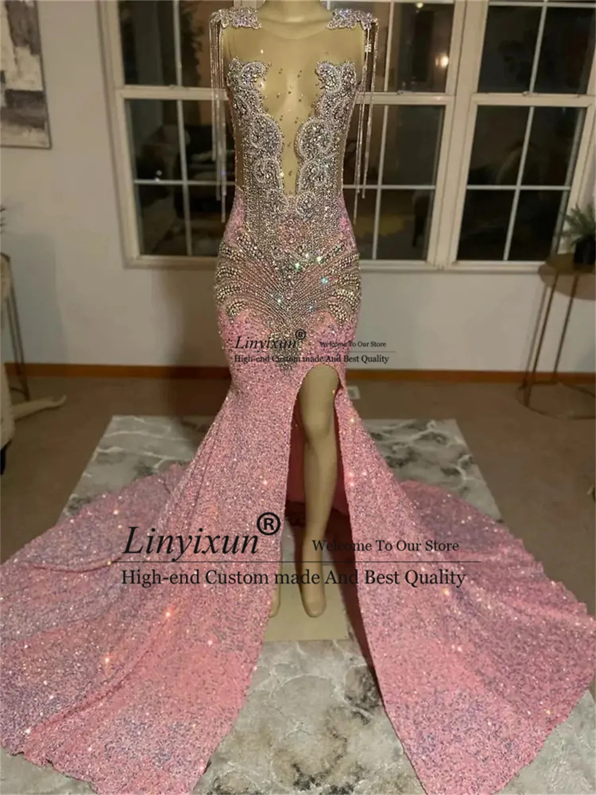 Pink Glitter Sequins Prom Dresses For Black Girls Mermaid Birthday Party Dress Luxury Crystals Customzied Side Slit Evening Gown