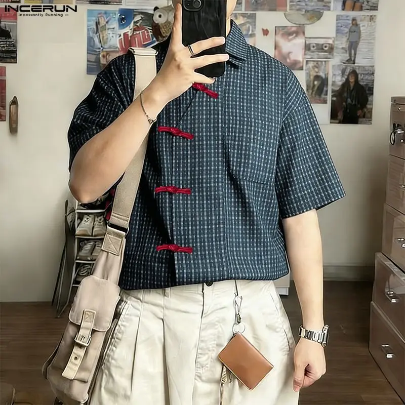 

INCERUN Men Shirt Plaid Patchwork Lapel Short Sleeve Men Clothes Streetwear Loose Vintage 2026 Casual Tops Shirts For Man Summer