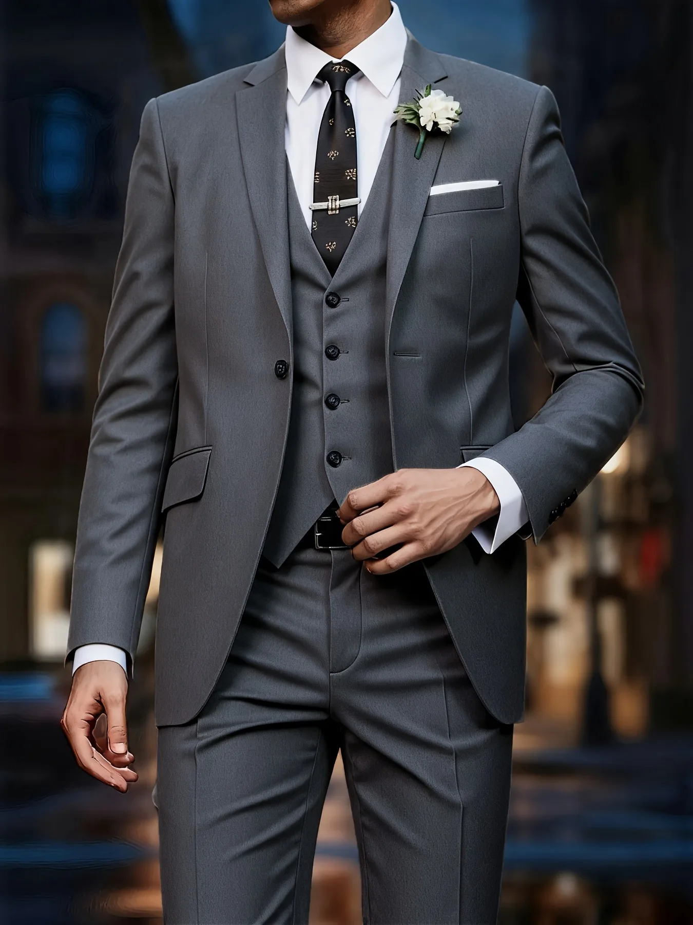 

【Men's Suit】Men's 3pcs Slim Fit Black Tuxedo - White Shirt Pants for Weddings Office Formal Events