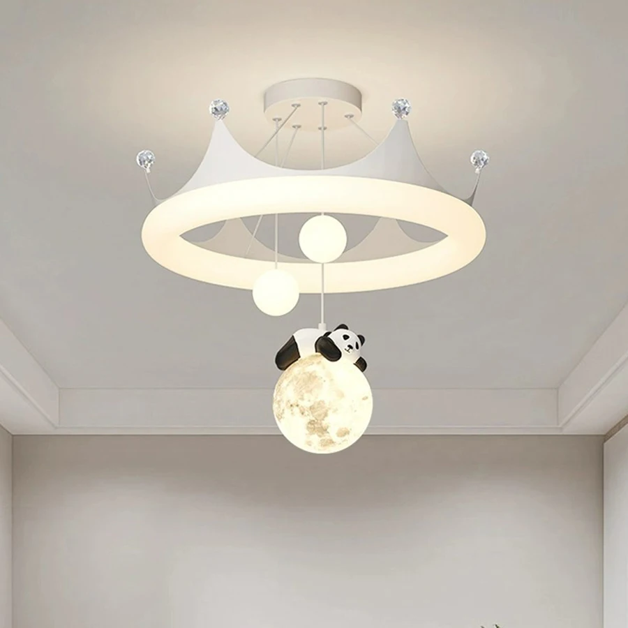 Cartoon Cream-Style Crown Panda Hanging Ball Ceiling Light | Warm and Creative Lamp for Princess & Boys' Bedrooms